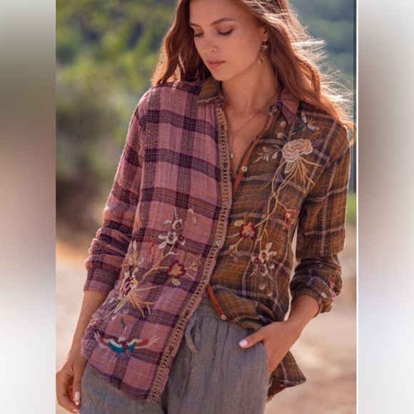Johnny Was Tops - Johnny Was Varlese Multicolor Embroidered Plaid Oversized Shirt Size XS